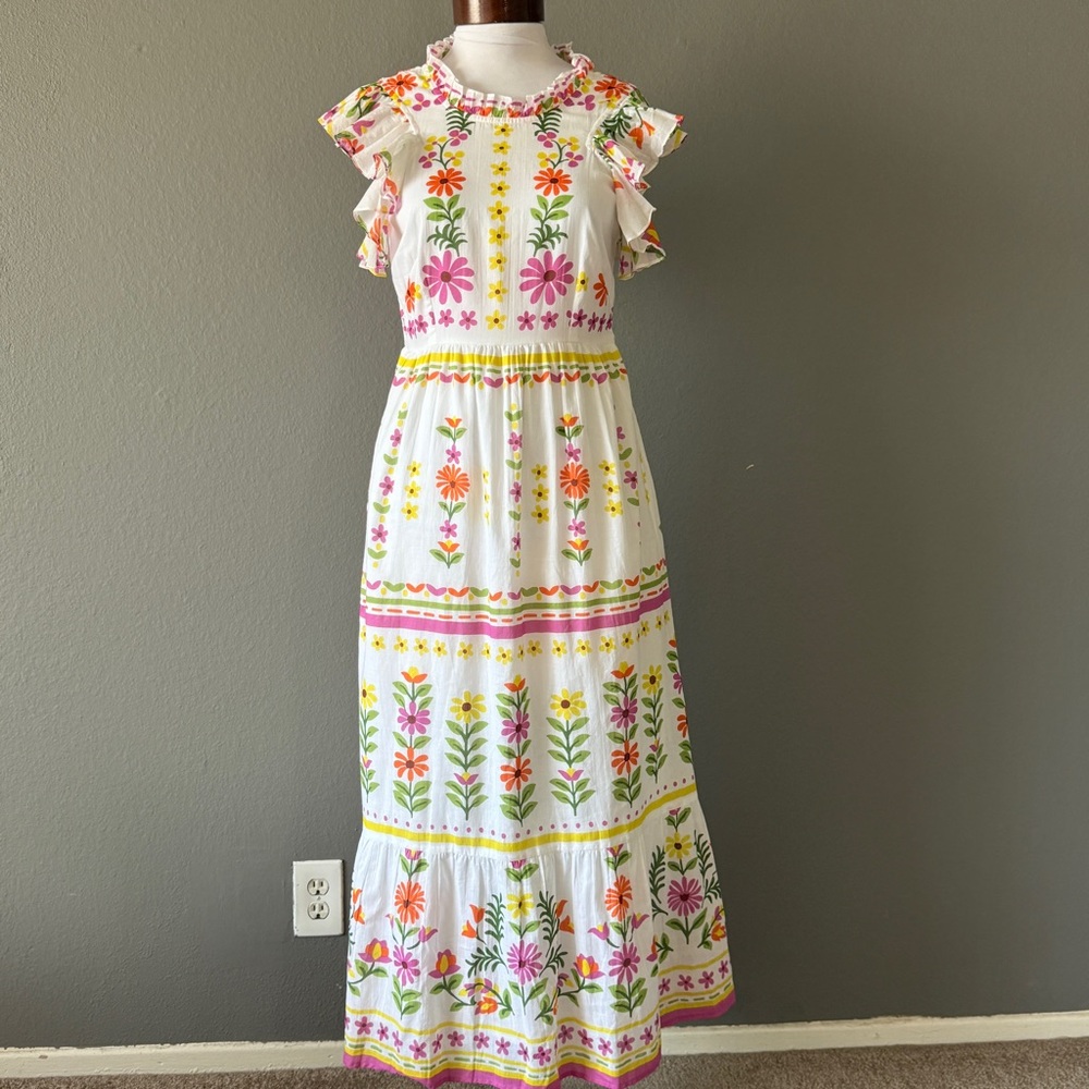 BANJANAN NWT Hannah Dress White Floral Print Long Maxi Flutter Sleeve Sz S - Picture 2 of 10